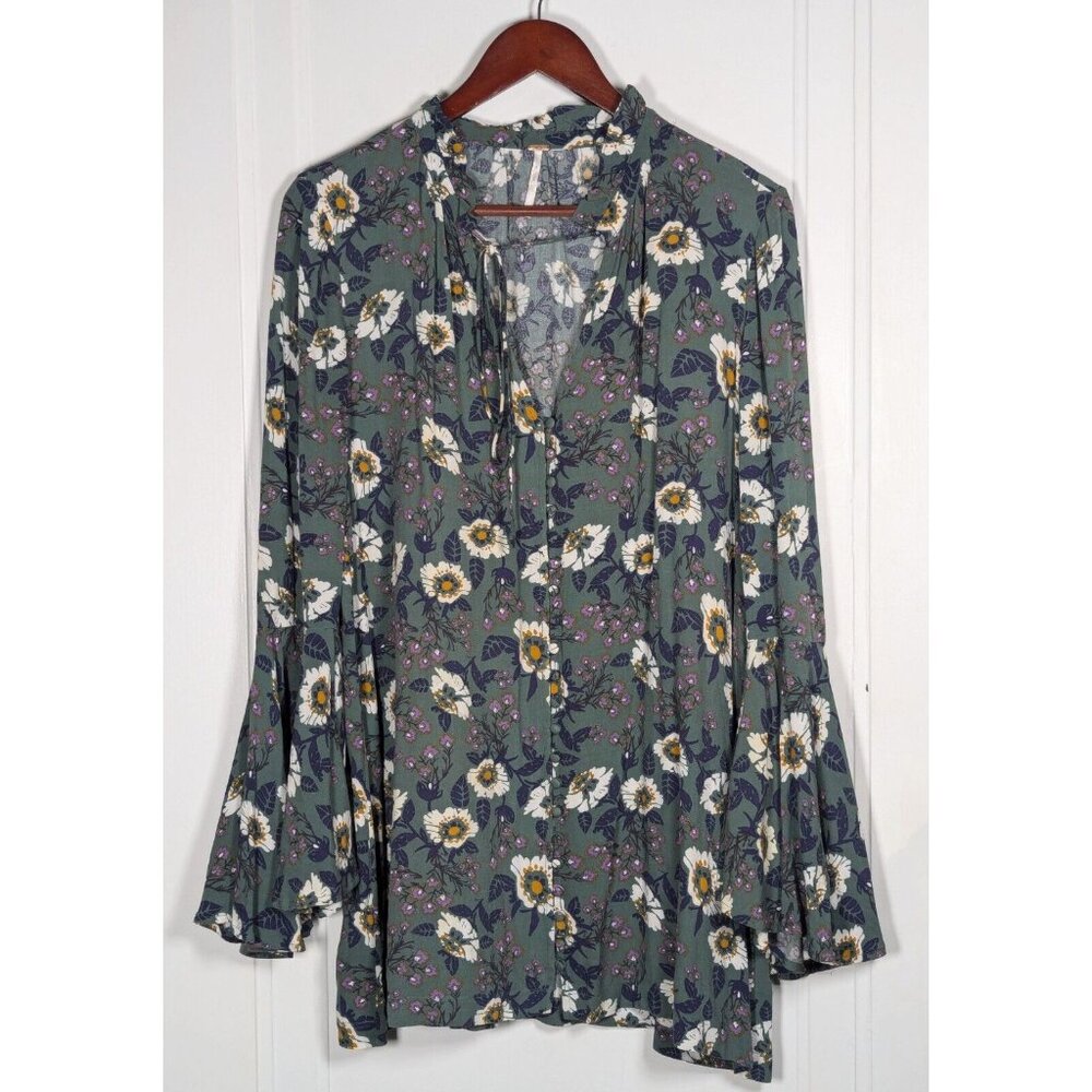 Free People Magic Mystery Tunic Mini Dress Size XS Boho Bell Sleeve Green Floral